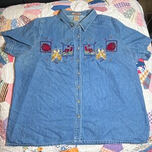 Just My Size Womens 22W 24W Denim Shirt Short Sleeve Embroidered Fall Harvest